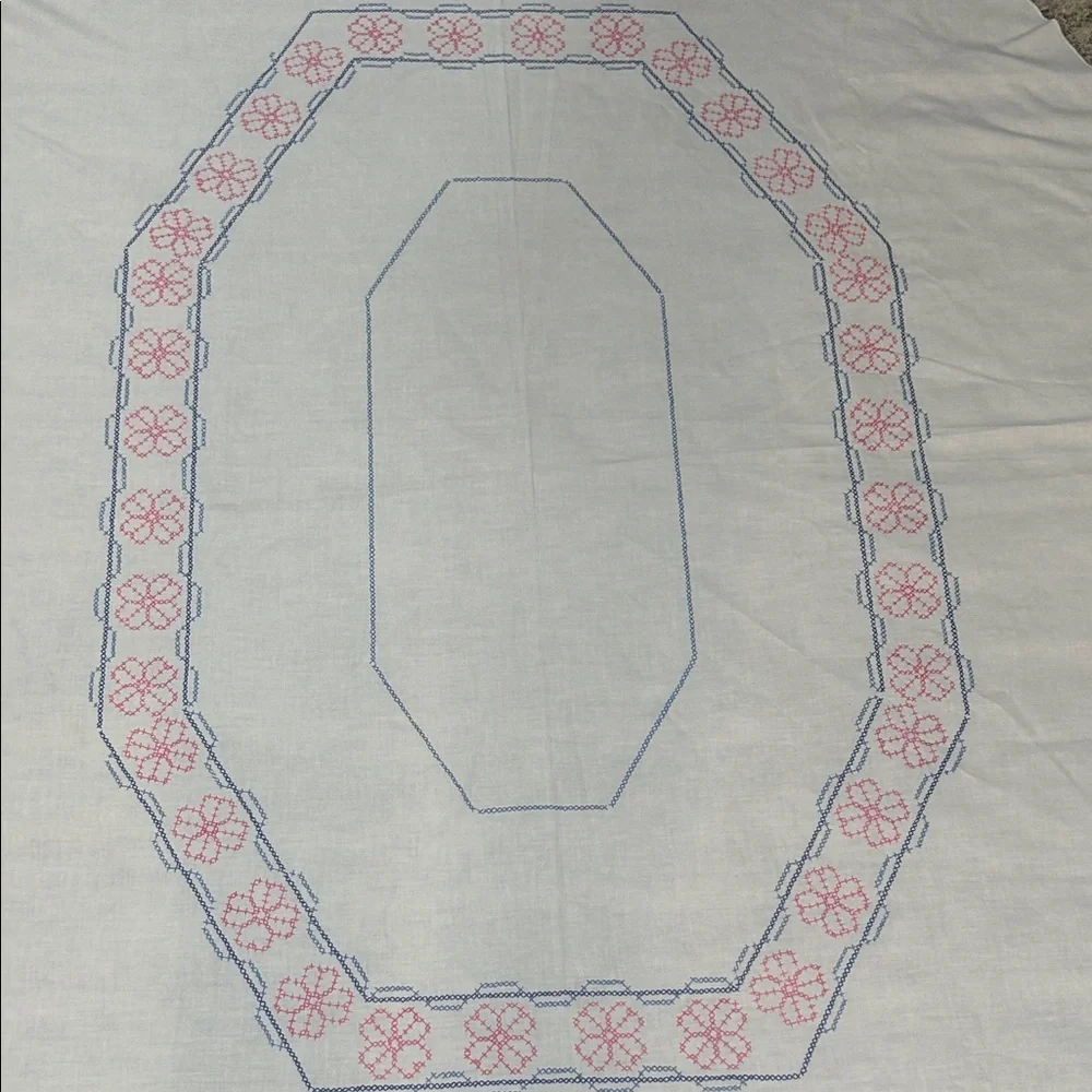 Embroidered Oval Tablecloth - White with Pink and Blue Accents - Picture 5 of 11